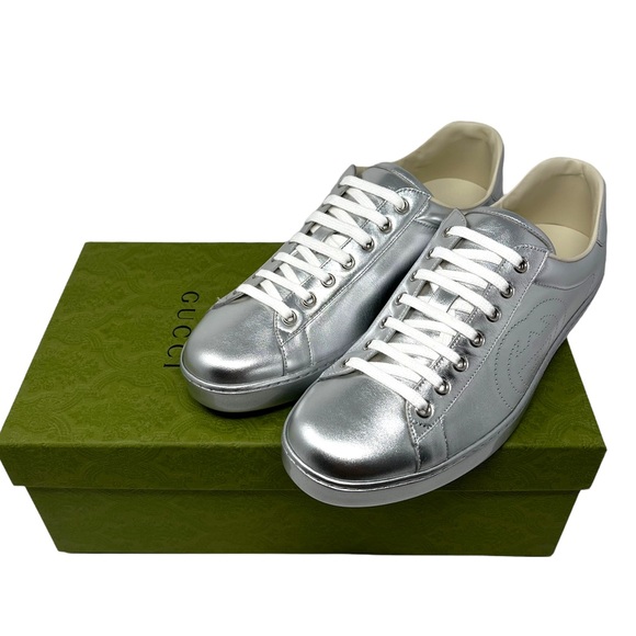 GUCCI Ace Metallic Low-Top Silver Sneakers 660622 - Picture 9 of 14